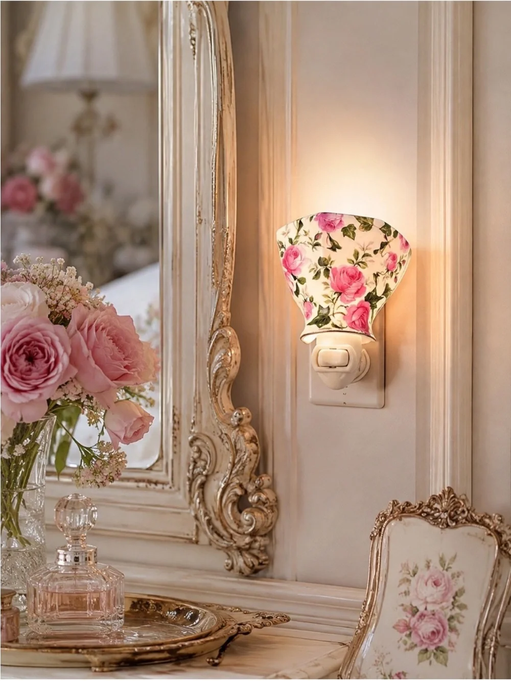 Vintage Madison Max Rose Chintz Porcelain Night Light Coquette Grand Millennial